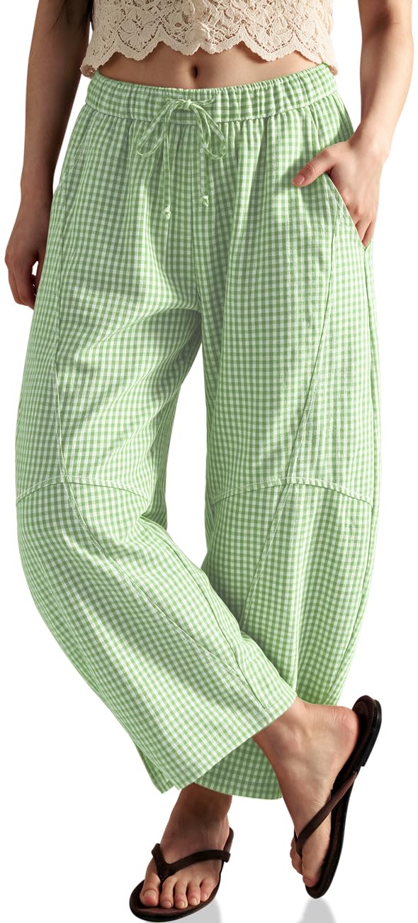 TARSE Womens Gingham Striped Linen Barrel Pants Drawstring Casual Trousers