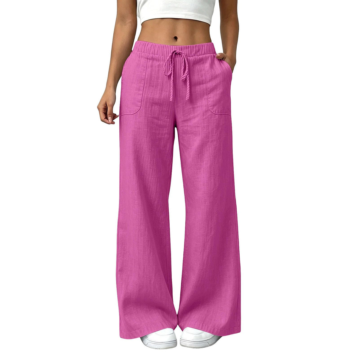 YRAETENM Wide Leg Linen Pants for Women Drawstring High Waisted Trousers