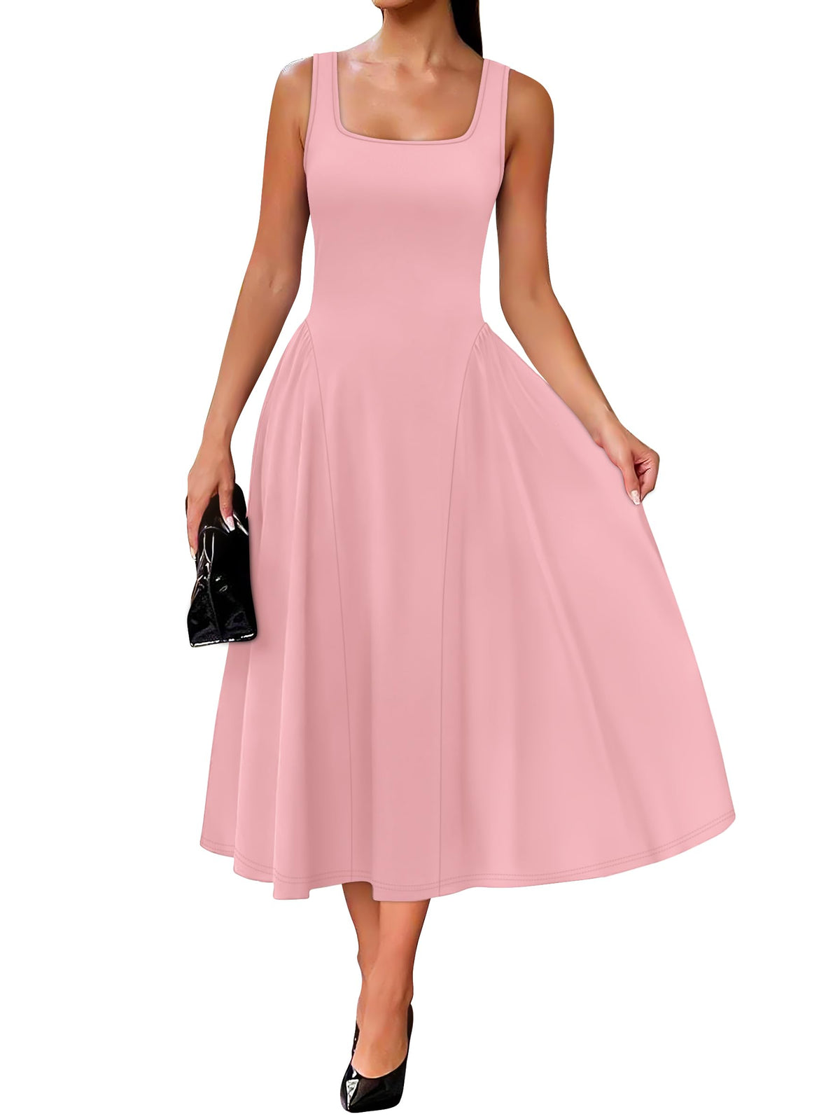 OFEEFAN Summer Dresses for Women Square Neck Corset A Line Maxi Dress Ruffle Ruched Waist Flowy Outfits