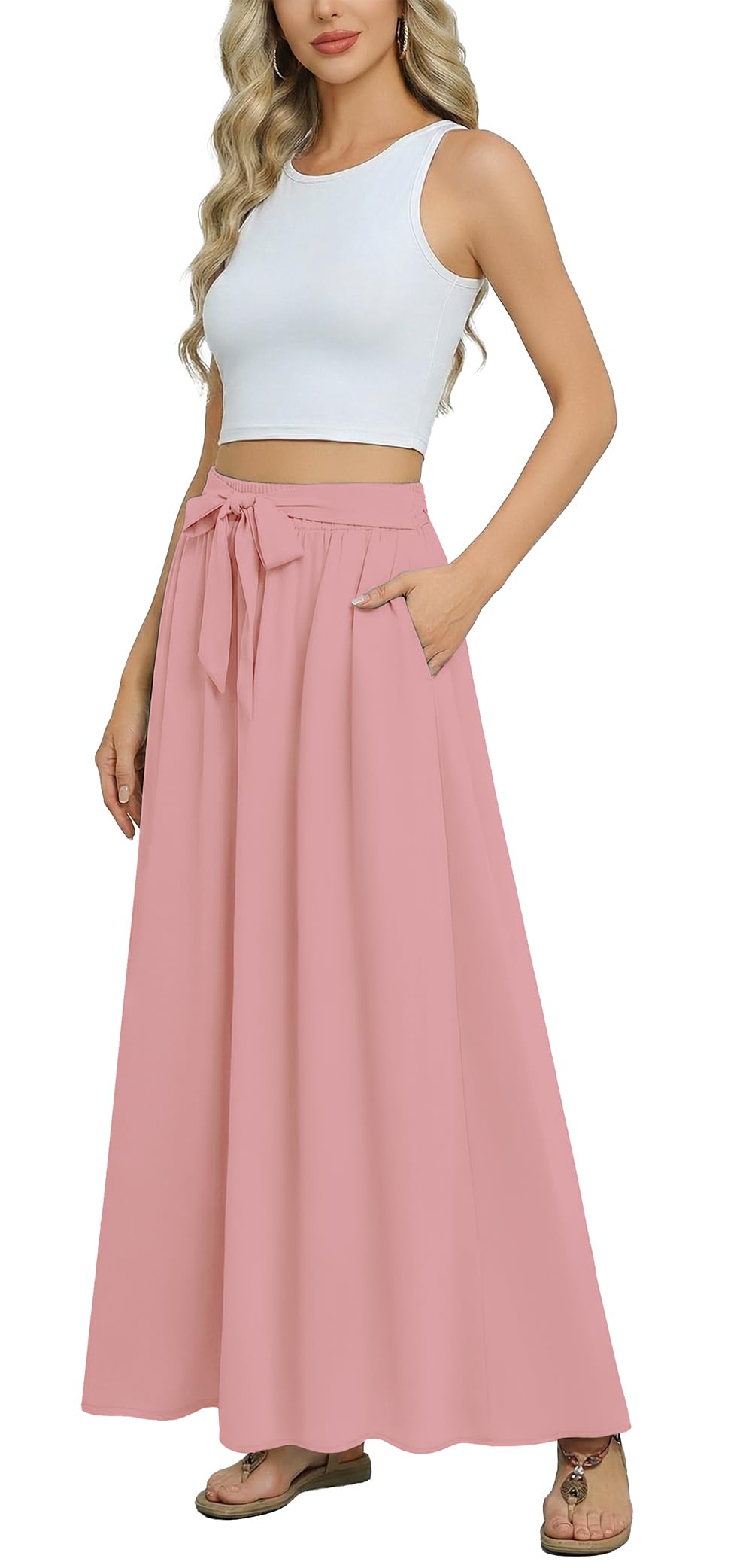 Askyes Womens Maxi Skirt Summer Trendy Tie Knot Elastic High Waisted Boho Casual Beach Flowy Swing Long Skirts with Pockets
