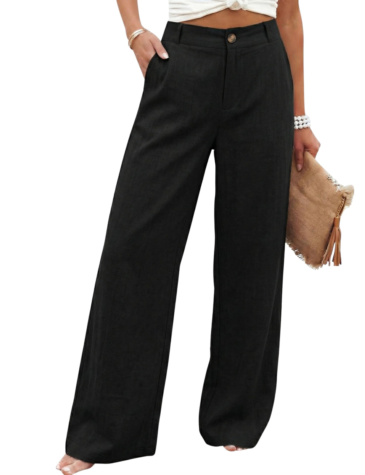 Hooever Womens Cotton Linen Pants Casual Button Up High Waisted Wide Leg Trousers