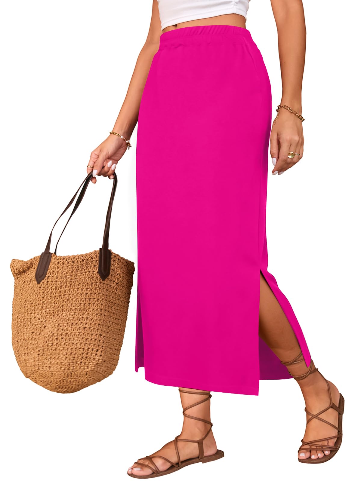 Poetsky Maxi Skirt for Women Summer Side Slit Pencil Skirts Elastic High Waisted Long Skirt
