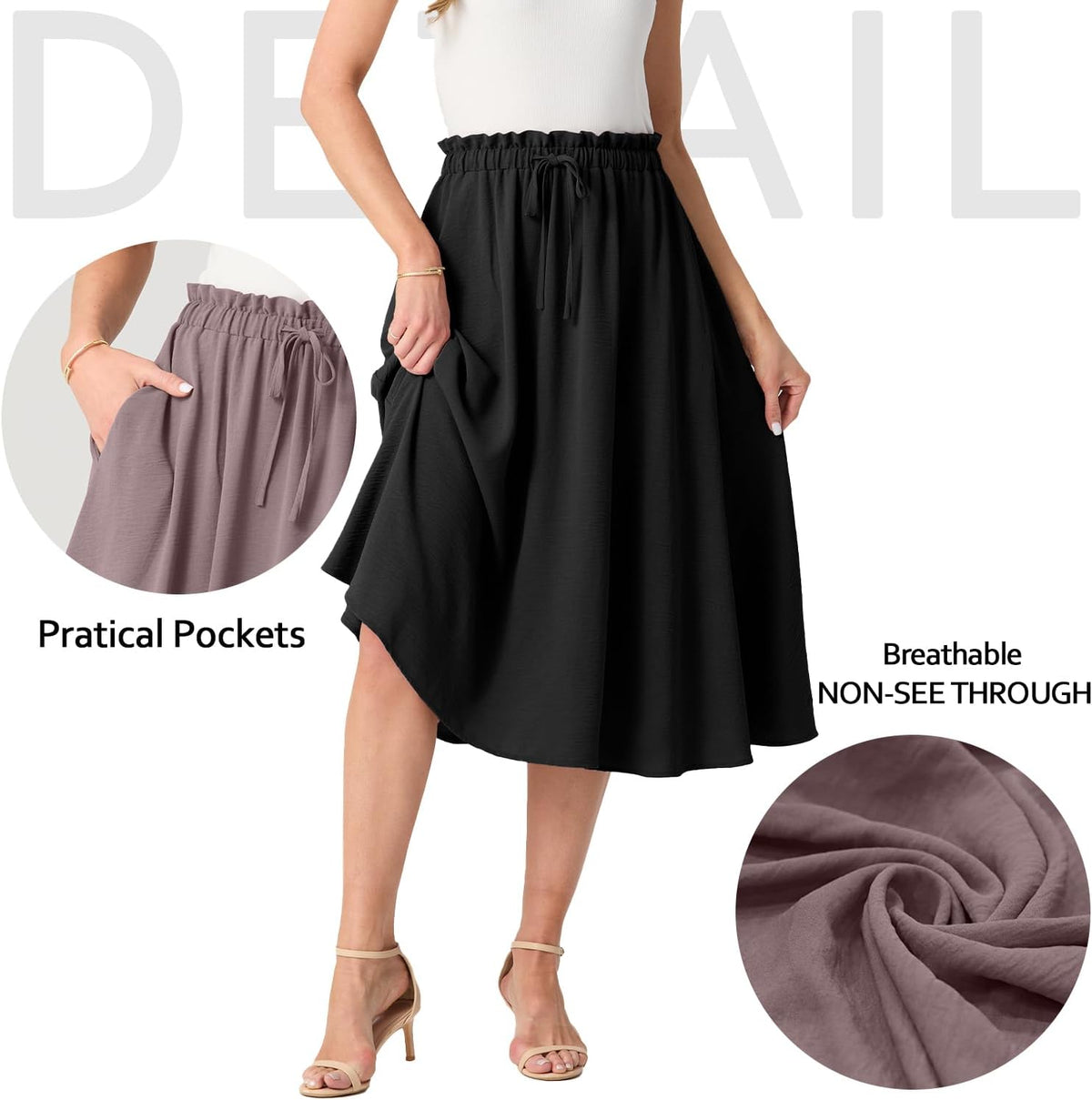 FREEOAK High Waist Skirts for Women Below Knee Casual Flowy Summer Midi Skirts Palazzo A-Line Long Skirt with Pockets