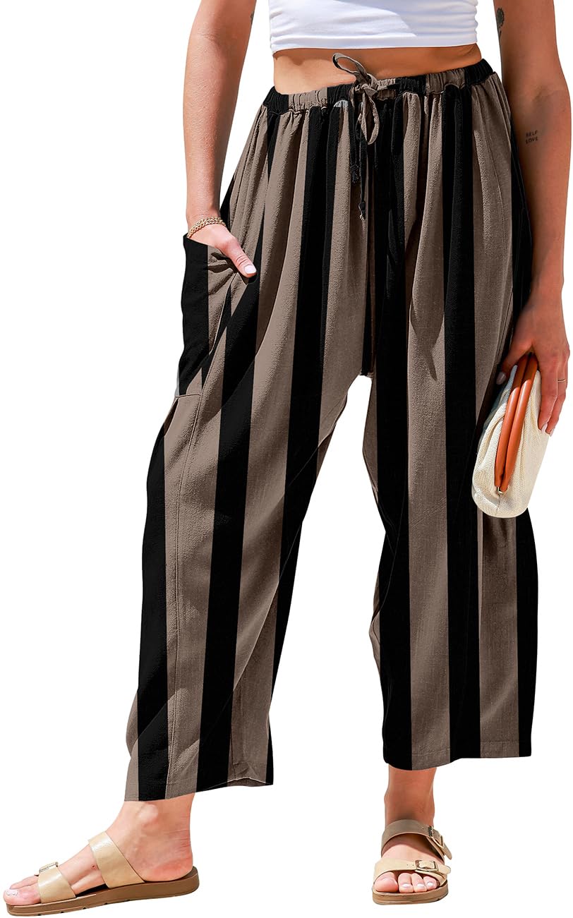 TARSE Womens Wide Leg Striped Linen Pants with Pocket