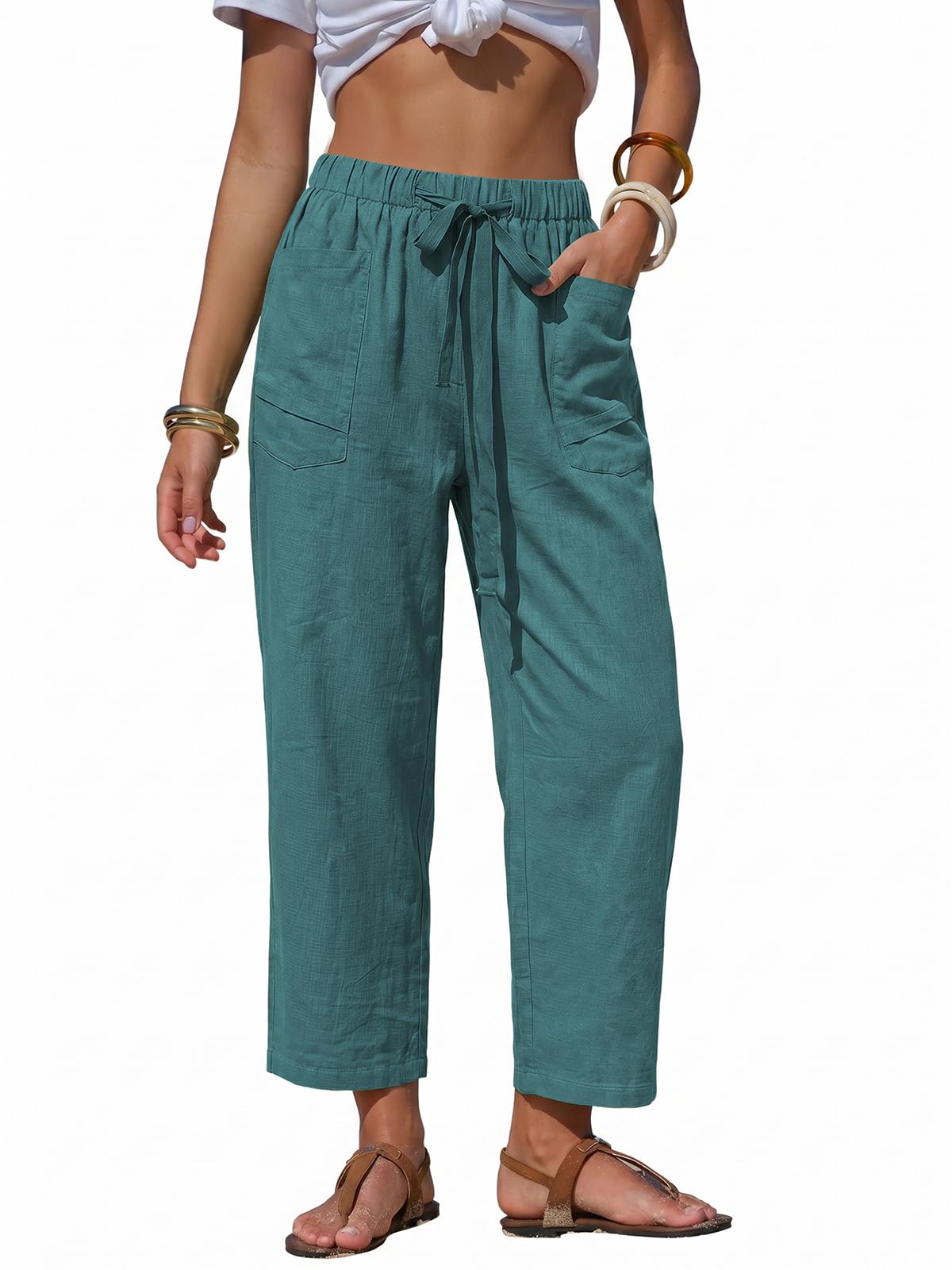 EXLURA Womens Faux Linen Striped Barrel Capri Pants Drawstring Trousers