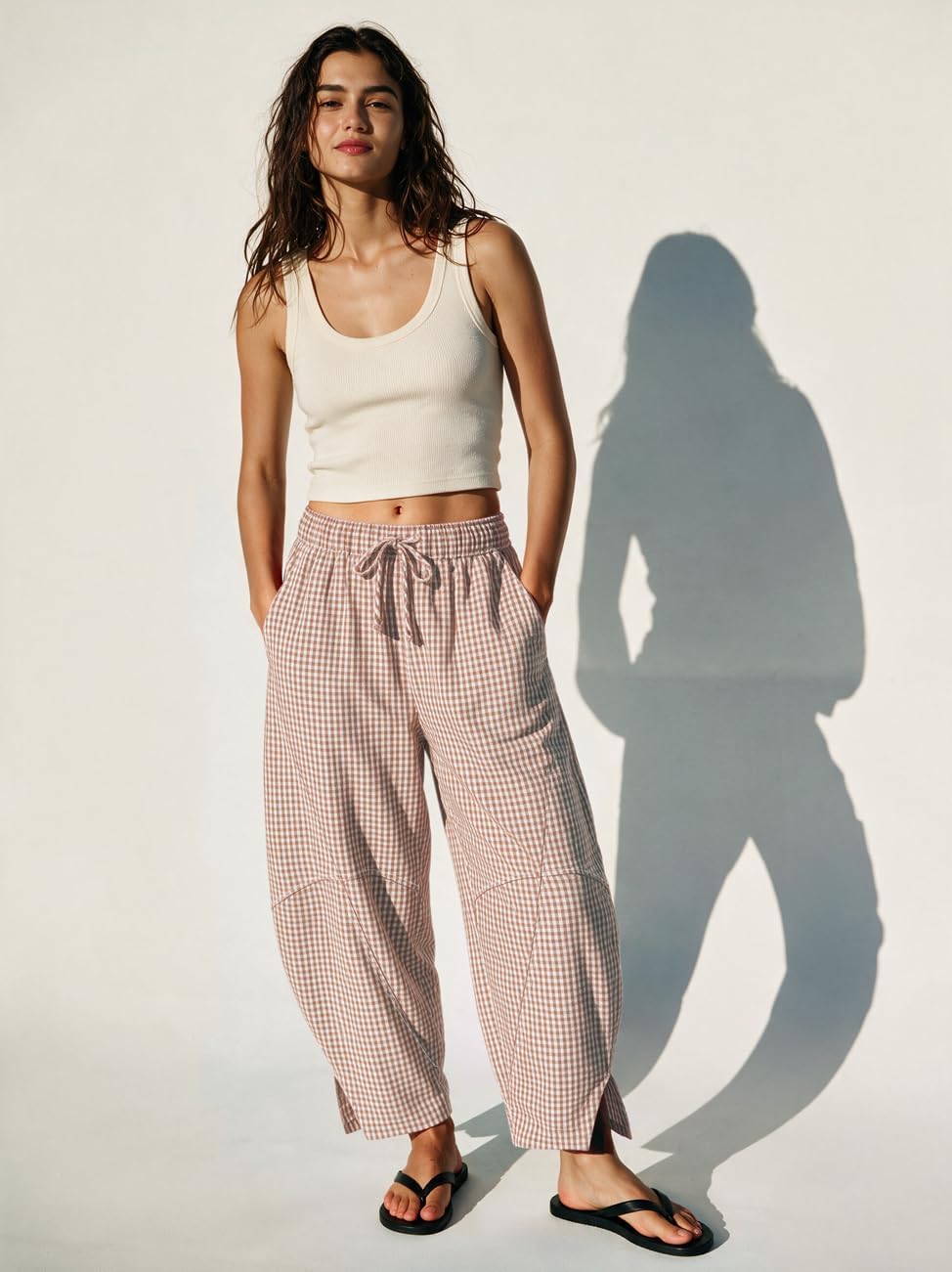 TARSE Womens Gingham Striped Linen Barrel Pants Drawstring Casual Trousers