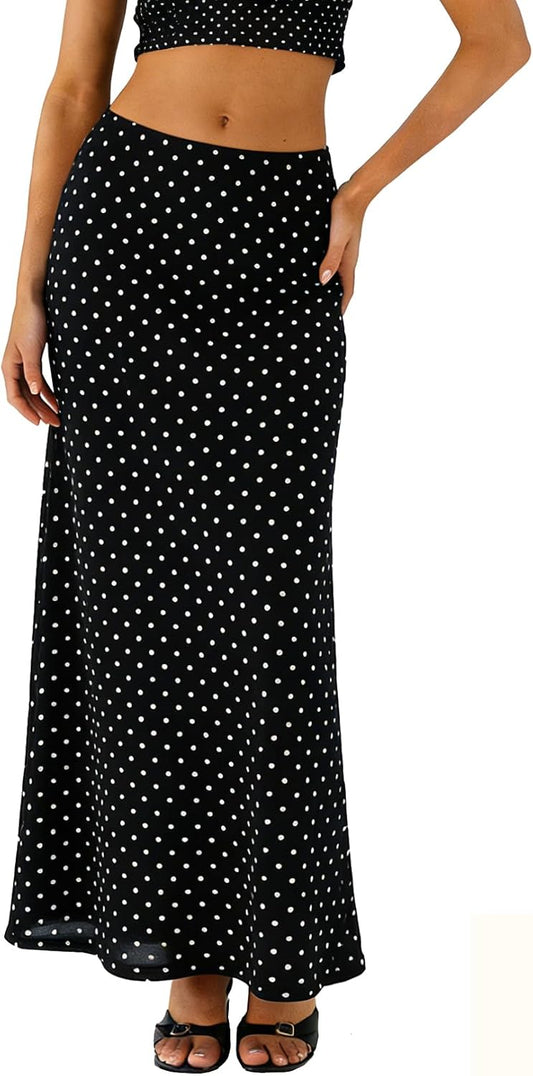 BLENCOT Womens High Waisted Long Mesh Polka Dot Maxi Skirt