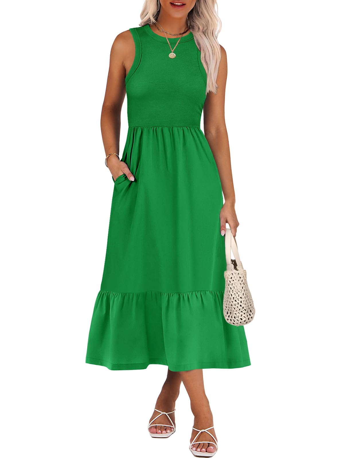ANRABESS Womens Summer Dresses Casual Beach Tank Midi Sundress with Pockets