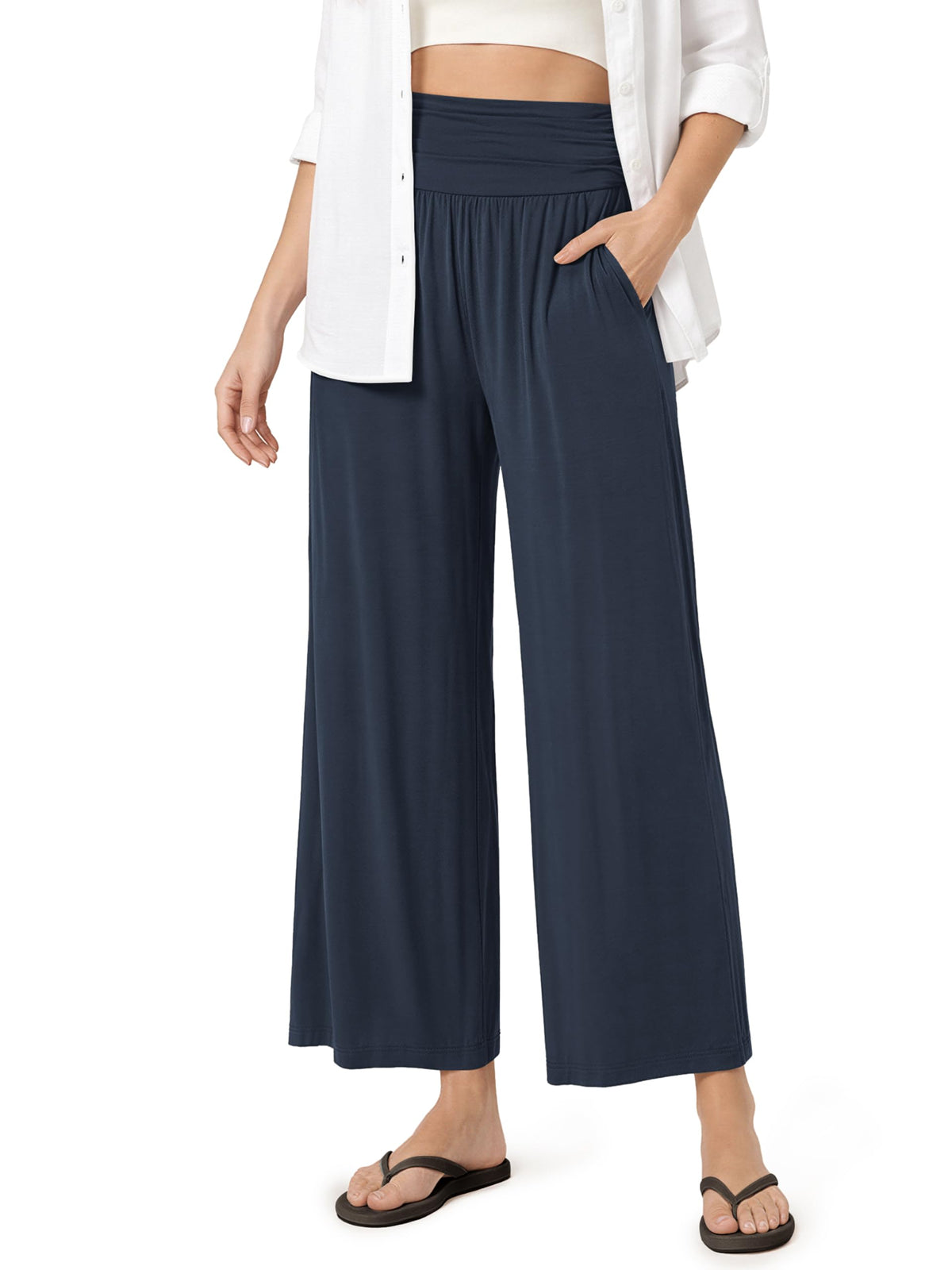ODODOS Women's Wide Leg Palazzo Lounge Cropped Pants with Pockets Light Weight Comfy Pajama Capri Pants-20/22"/ 24" Inseam