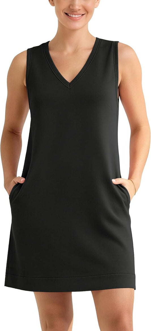 ODODOS Modal Soft V-Neck Tank Dress for Women Sleeveless Sundress Casual Relaxed Summer Dress with Pocket