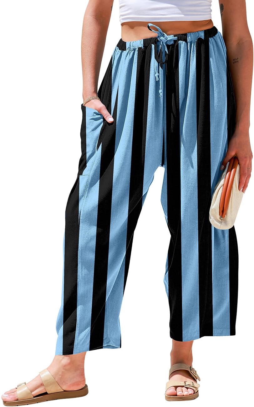 TARSE Womens Wide Leg Striped Linen Pants with Pocket