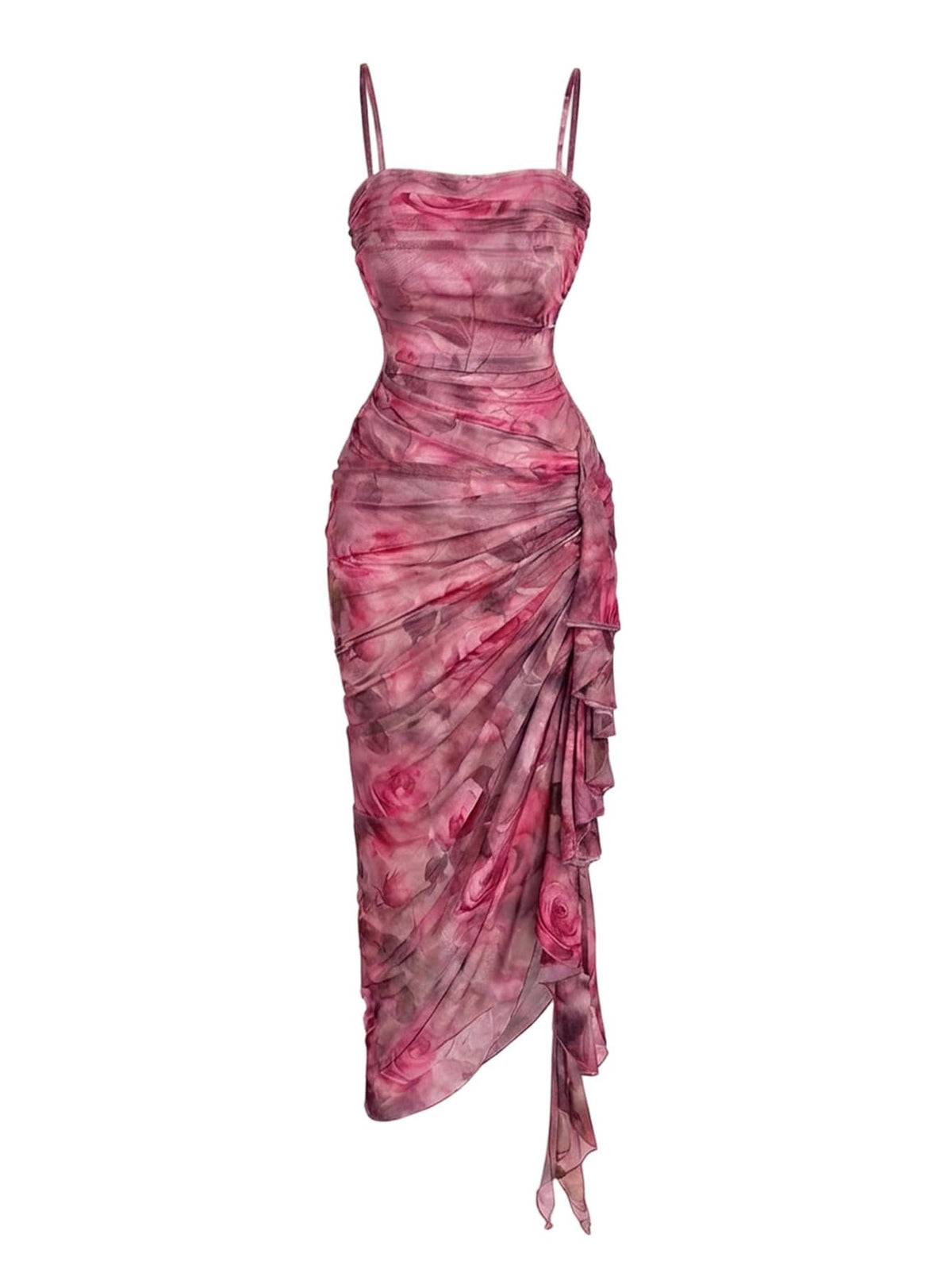 SOLY HUX Women's Floral Mesh Ruffle Hem Bodycon Midi Dress