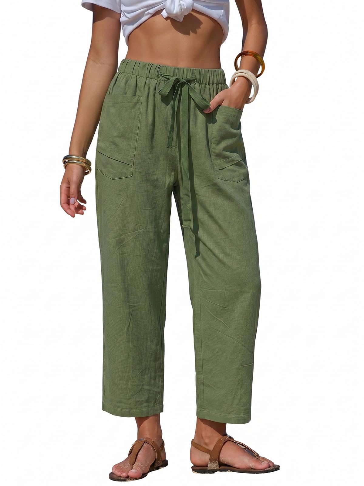 EXLURA Womens Faux Linen Striped Barrel Capri Pants Drawstring Trousers