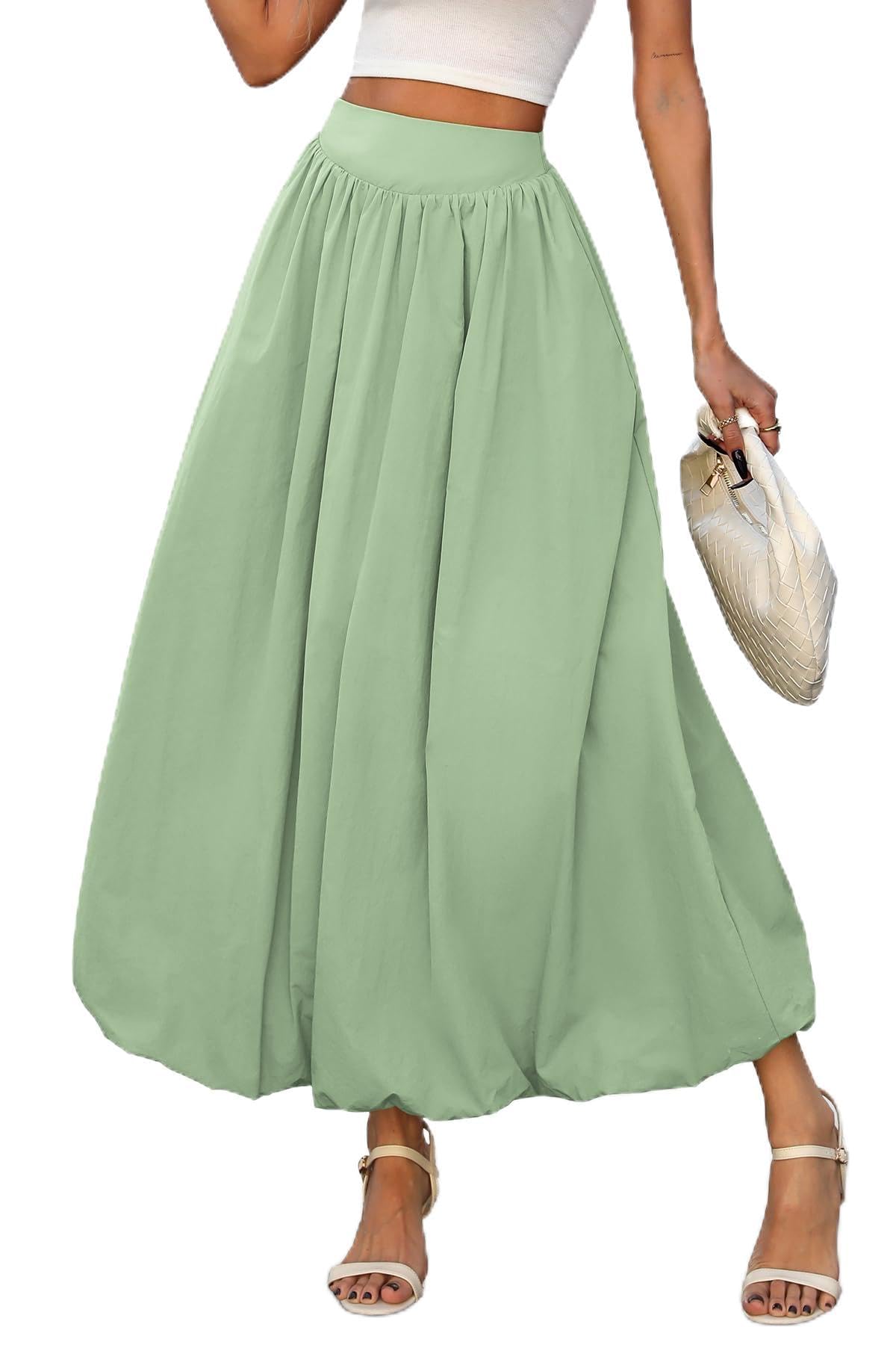 ELLEVEN Women's Bubble Maxi Skirt, Elastic Waist Puffy Hem A-Line Skirts