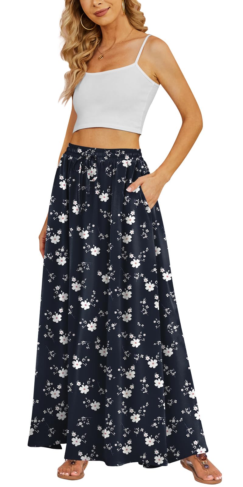 Yincro Women's Maxi Skirt Flowy High Waist Casual Long Skirts with Pockets