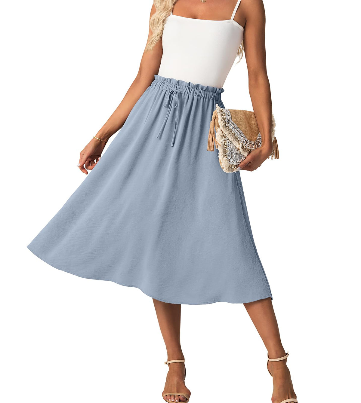 FREEOAK High Waist Skirts for Women Below Knee Casual Flowy Summer Midi Skirts Palazzo A-Line Long Skirt with Pockets