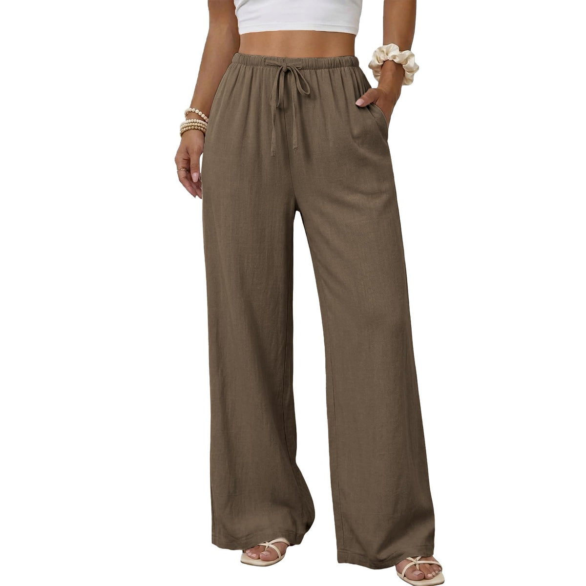 Duyang Womens Cotton Linen Palazzo Pants Drawstring Elastic Waist Casual Wide Leg Trousers with Pockets