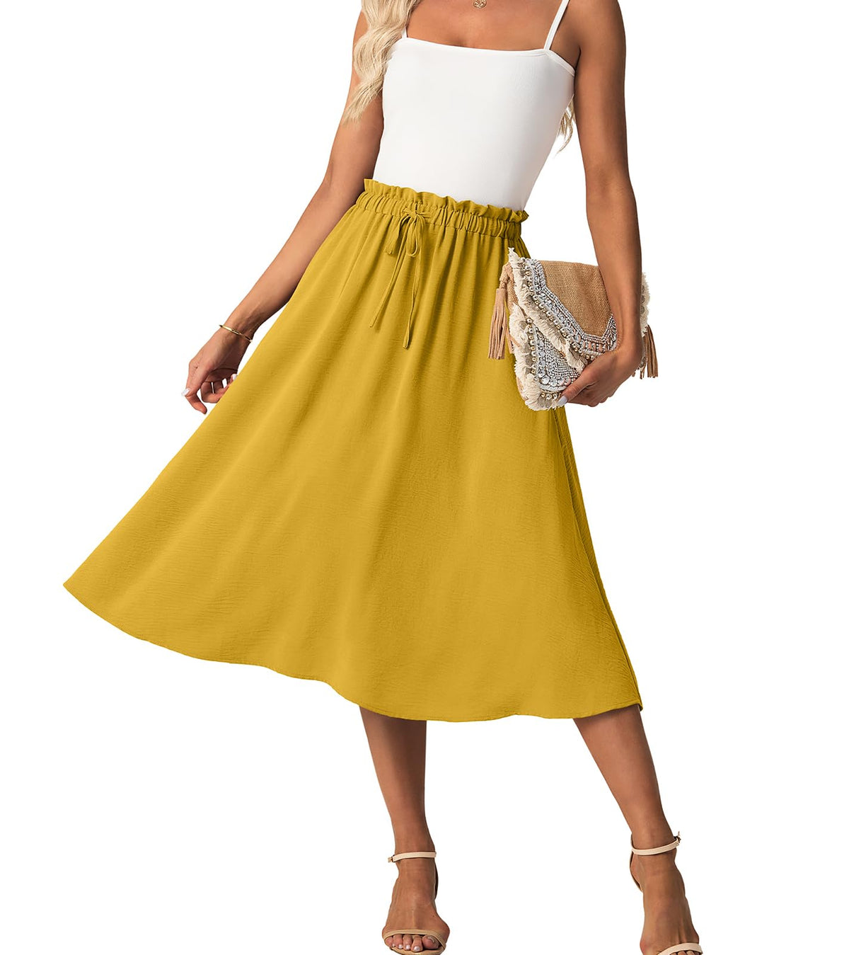 FREEOAK High Waist Skirts for Women Below Knee Casual Flowy Summer Midi Skirts Palazzo A-Line Long Skirt with Pockets
