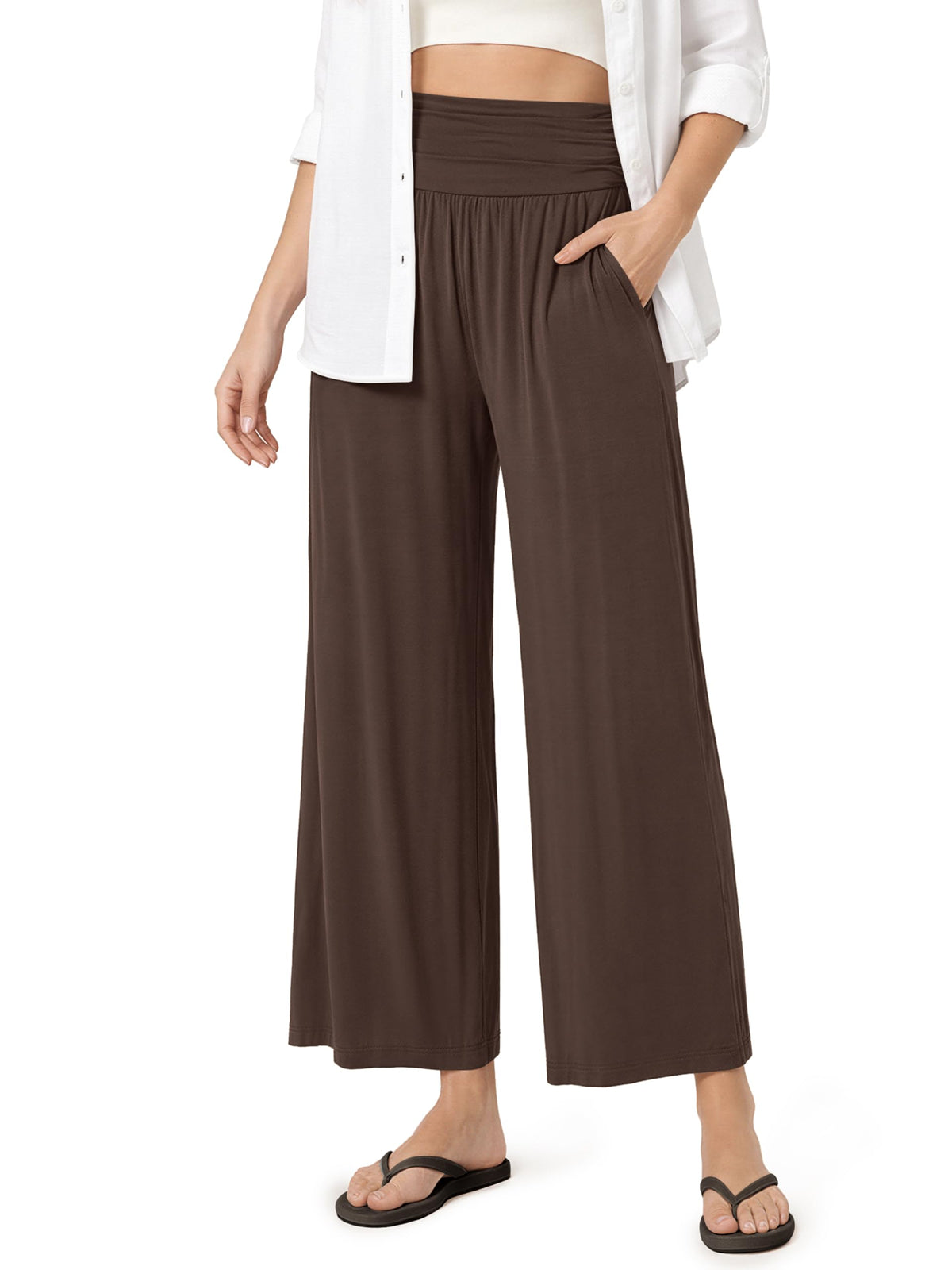 ODODOS Women's Wide Leg Palazzo Lounge Cropped Pants with Pockets Light Weight Comfy Pajama Capri Pants-20/22"/ 24" Inseam