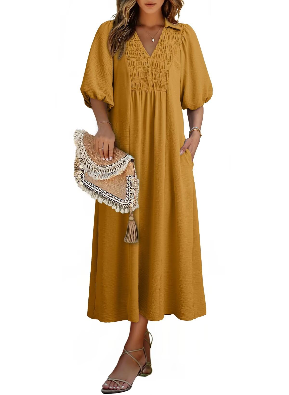 Dokotoo Summer Dresses for Women 2026 Casual Dresses V Neck Puff Sleeve Empire Waist A-Line Maxi Dress