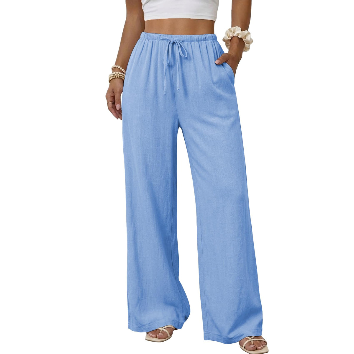 Duyang Womens Cotton Linen Palazzo Pants Drawstring Elastic Waist Casual Wide Leg Trousers with Pockets
