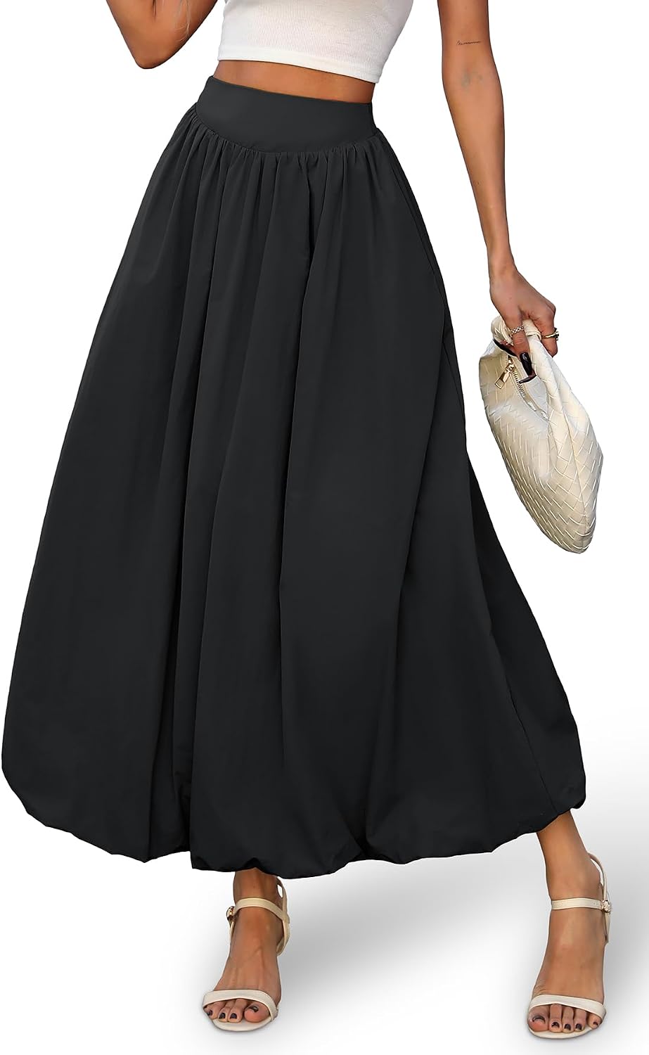 ELLEVEN Women's Bubble Maxi Skirt, Elastic Waist Puffy Hem A-Line Skirts
