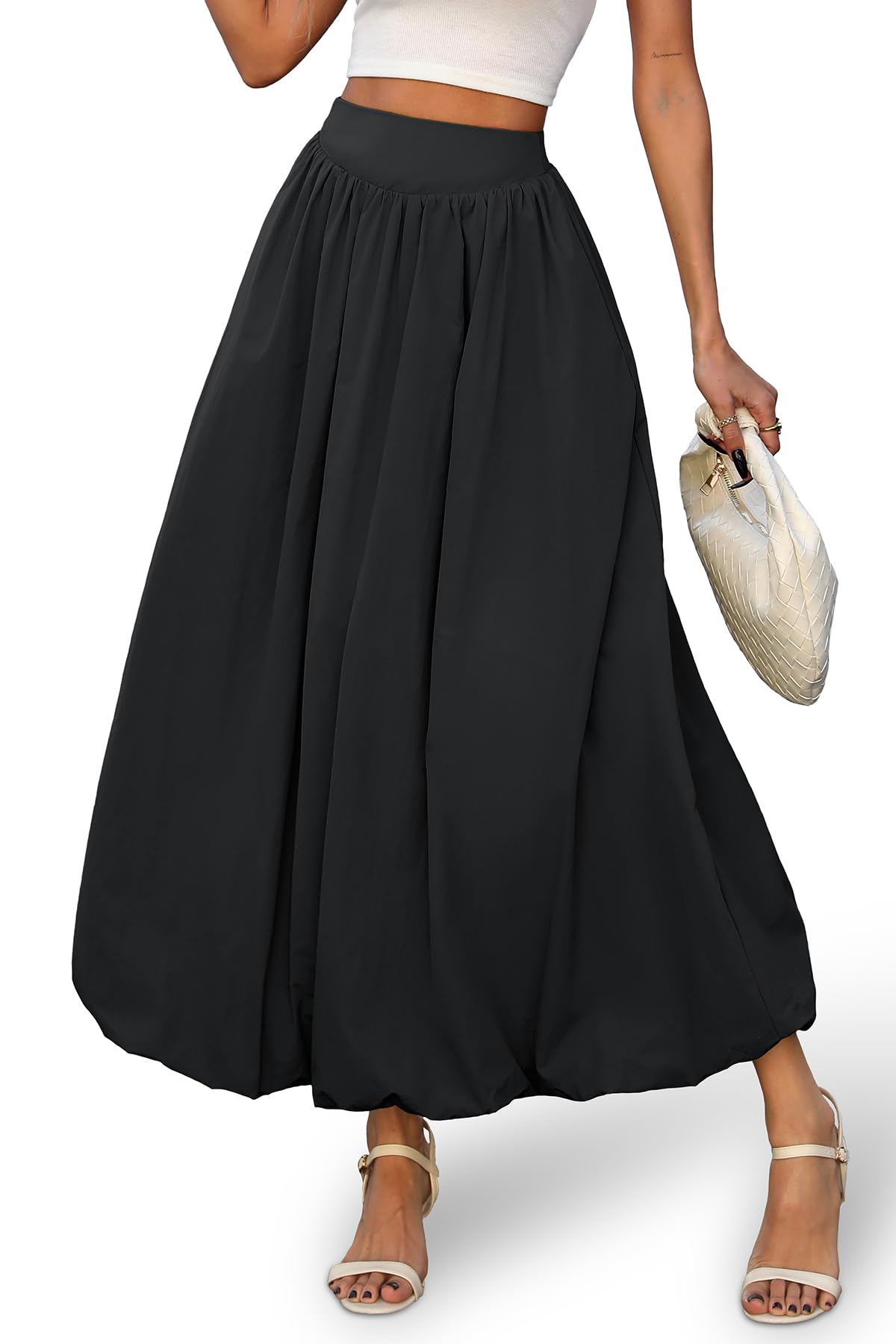 ELLEVEN Women's Bubble Maxi Skirt, Elastic Waist Puffy Hem A-Line Skirts