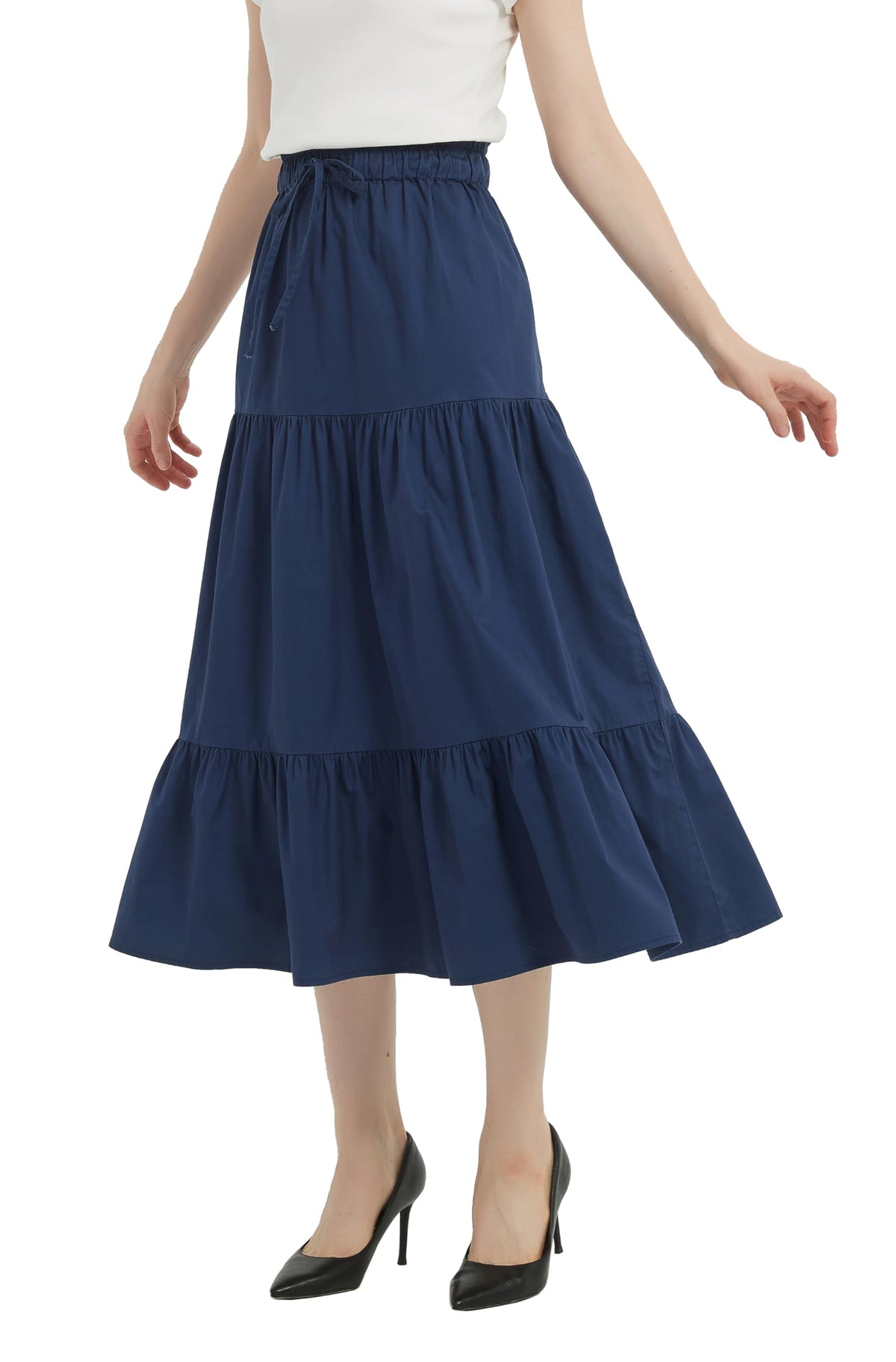 Tronjori Womens A Line Long Midi Denim Skirt Tired Layers with Drawstring