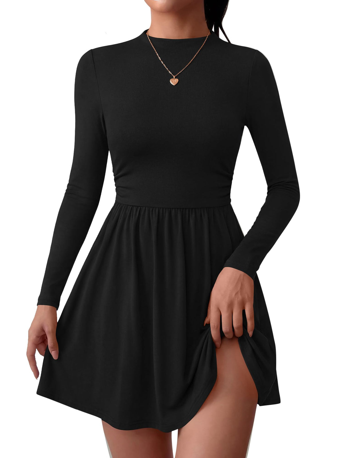 BTFBM Long Sleeve Dresses for Women Mock Neck A Line Flowy Mini Dress