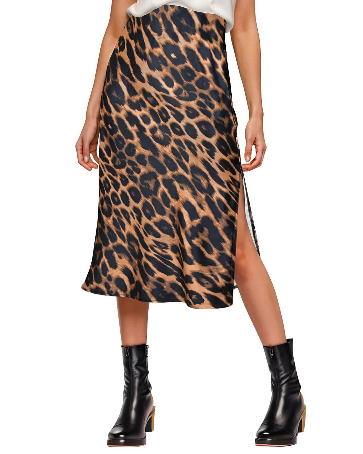 Amy Babe Womens Satin Silk High Waist Slit Midi Skirt Long Skirts for Women