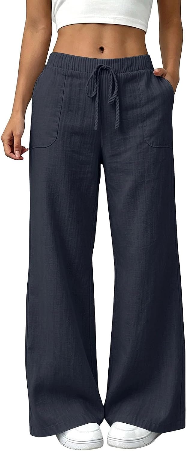 YRAETENM Wide Leg Linen Pants for Women Drawstring High Waisted Trousers