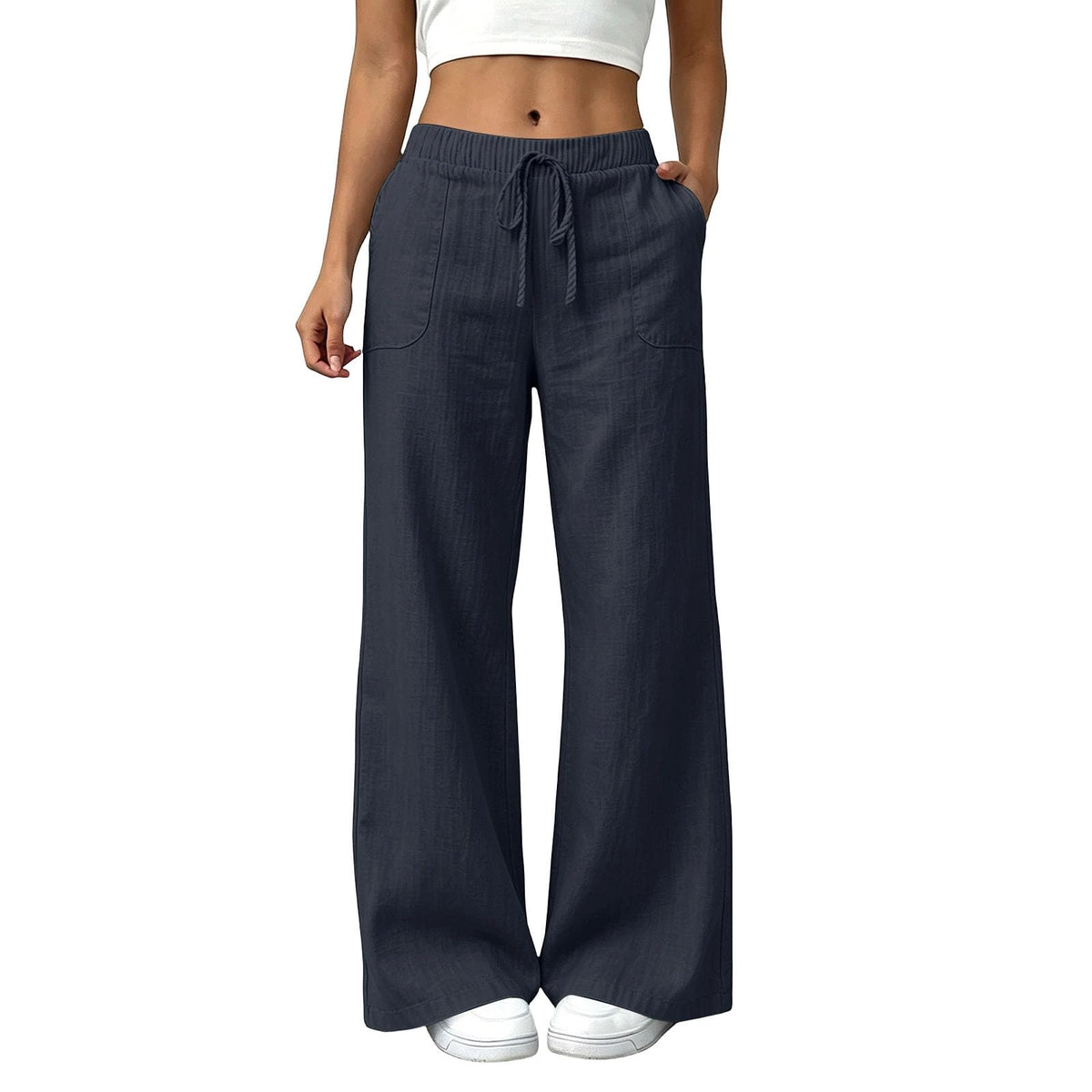 YRAETENM Wide Leg Linen Pants for Women Drawstring High Waisted Trousers