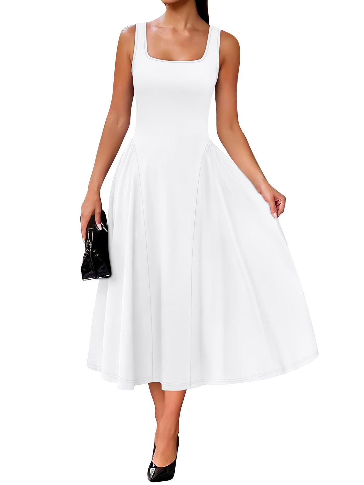 OFEEFAN Summer Dresses for Women Square Neck Corset A Line Maxi Dress Ruffle Ruched Waist Flowy Outfits
