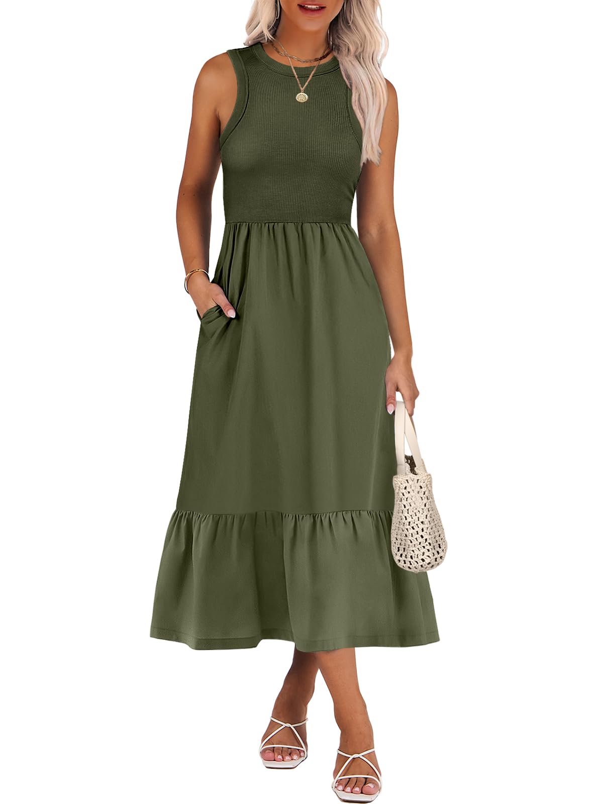 ANRABESS Womens Summer Dresses Casual Beach Tank Midi Sundress with Pockets