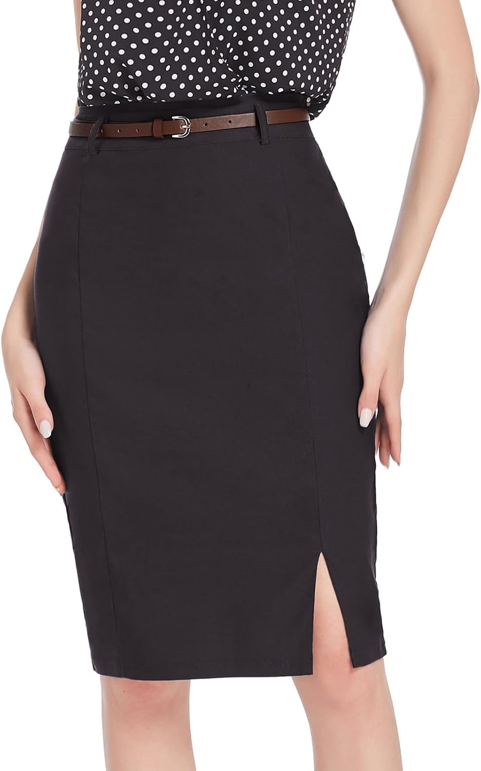 Kate Kasin Women Pencil High Waist Knee Length Bodycon Skirt with Belt