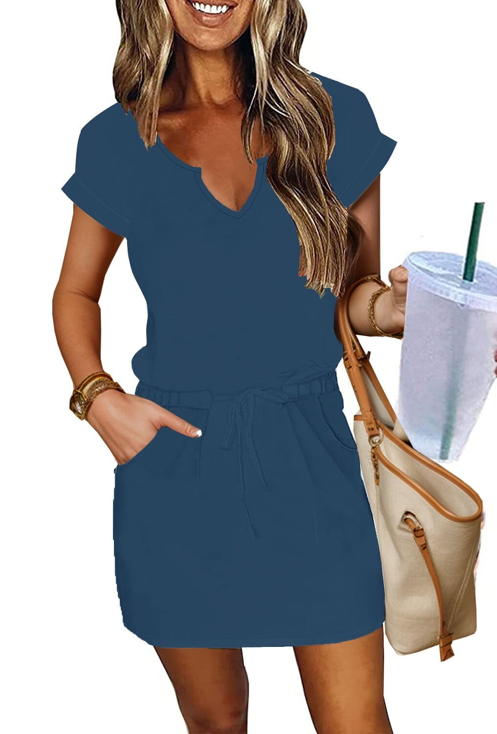 SAUKOLE Women Summer T Shirt Dress Casual Short Sleeve V Neck Dress with Pockets Drawstring Waist Short Dresses