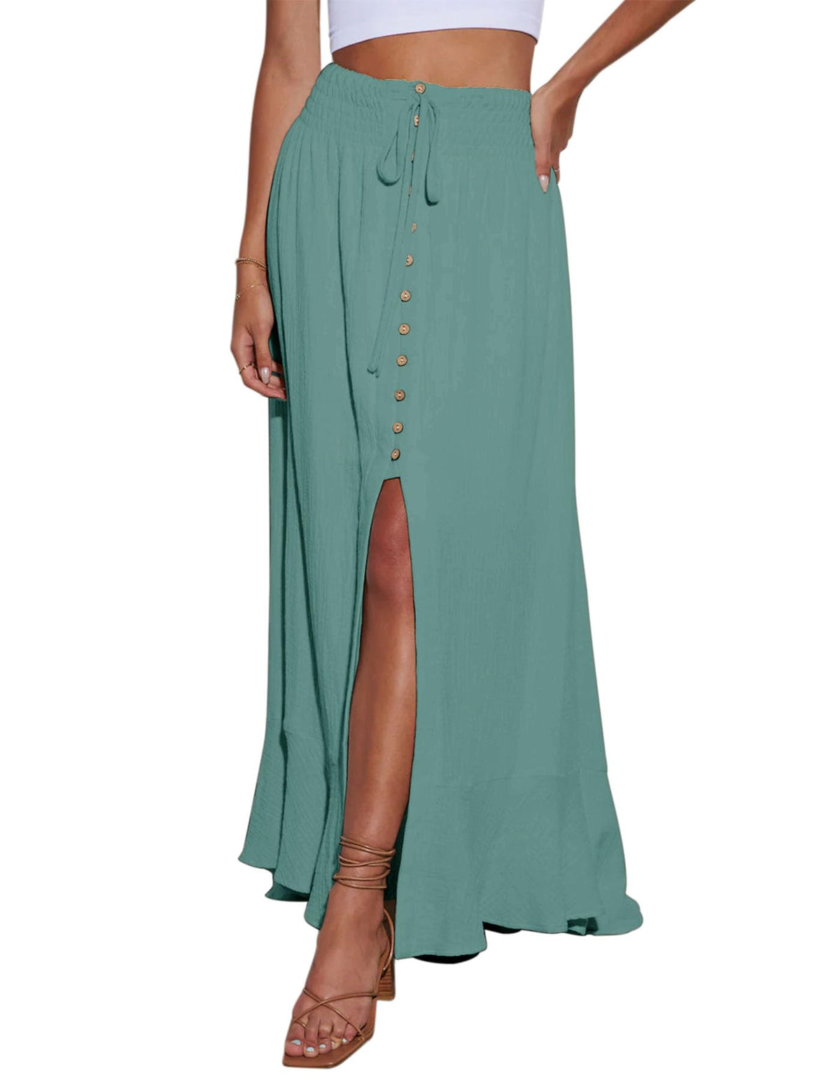 Minclouse Women's Elastic Tie Waist Button Down Maxi Skirts Casual Loose Flowy Swing Slit Front Dress