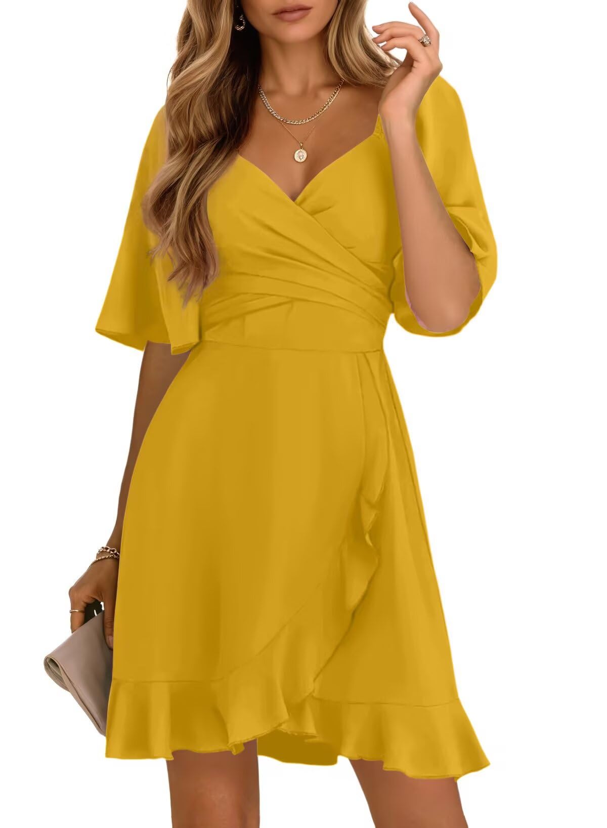 Dokotoo Women's Wrap V Neck Short Flared Sleeve Wedding Guest Dress Smocked Elastic Waist Tiered Belted Ruffle Hem Mini Dress