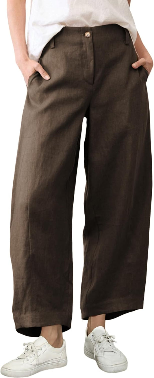Tanming Women's Cotton Linen Barrel Pants Wide Leg Trousers