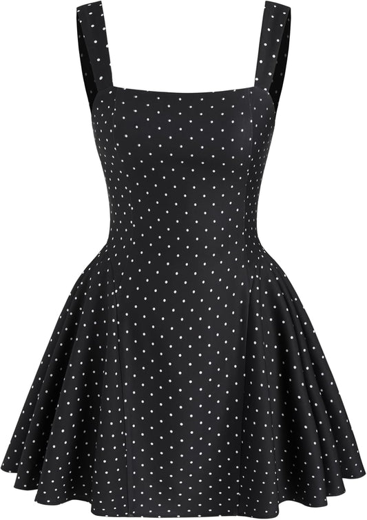 CIDER Womens Polka Dot Going Out Dress Cute Summer Date Night Square Neck Sleeveless Mini Dress