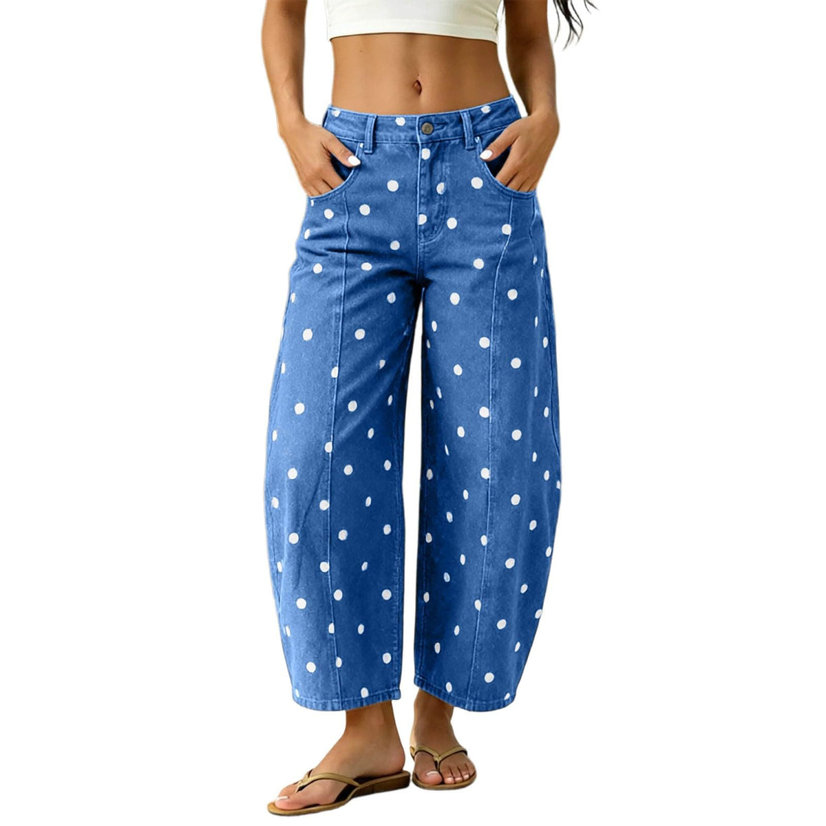 Polka Dot Pants Womens Barrel Jeans Baggy 2026 Fall High Waisted Wide Leg Casual Stretchy Denim Pant with Pockets