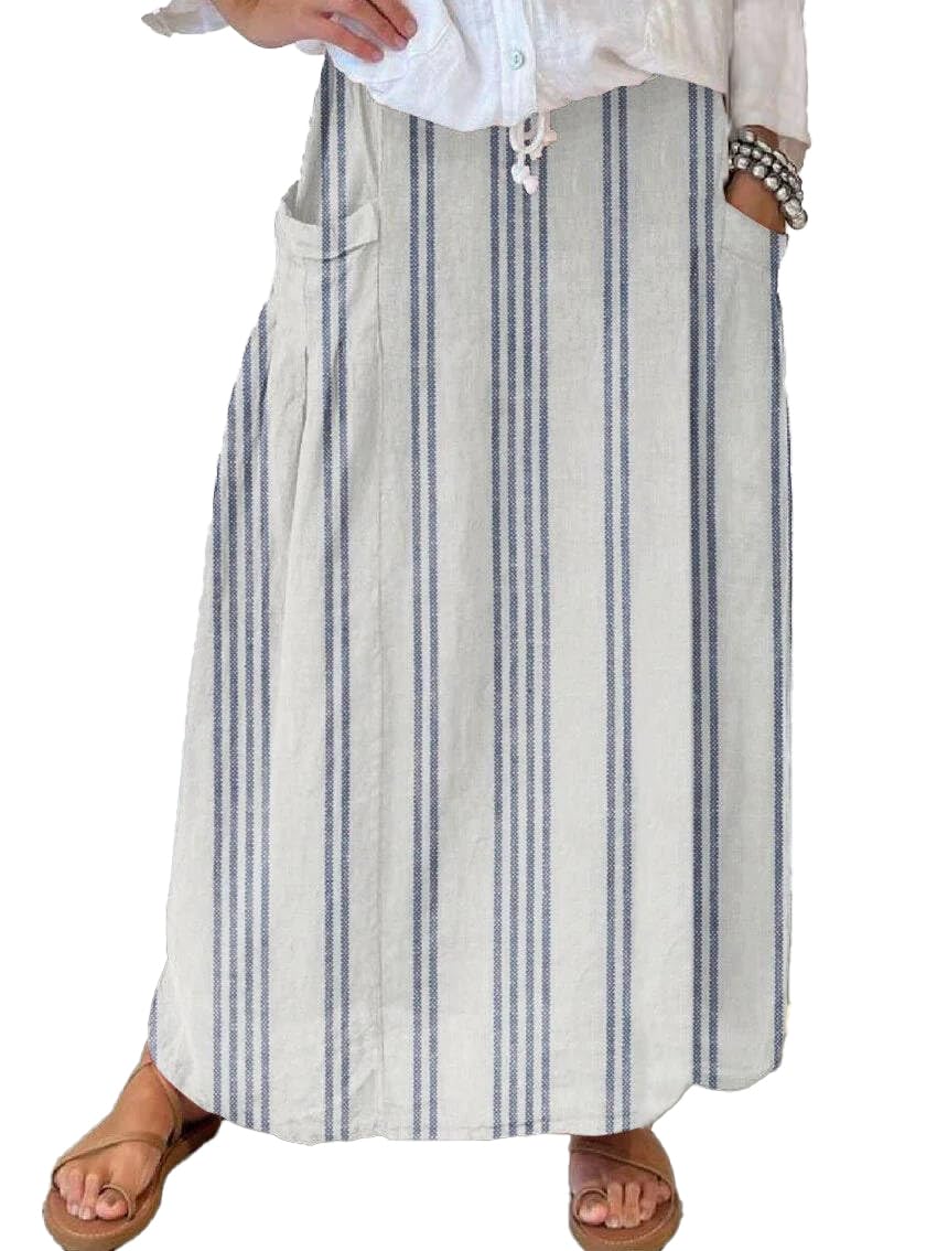 chouyatou Women's Vertical Striped High Waist Maxi Skirt Vintage Floral Cotton Long Skirt with Pockets