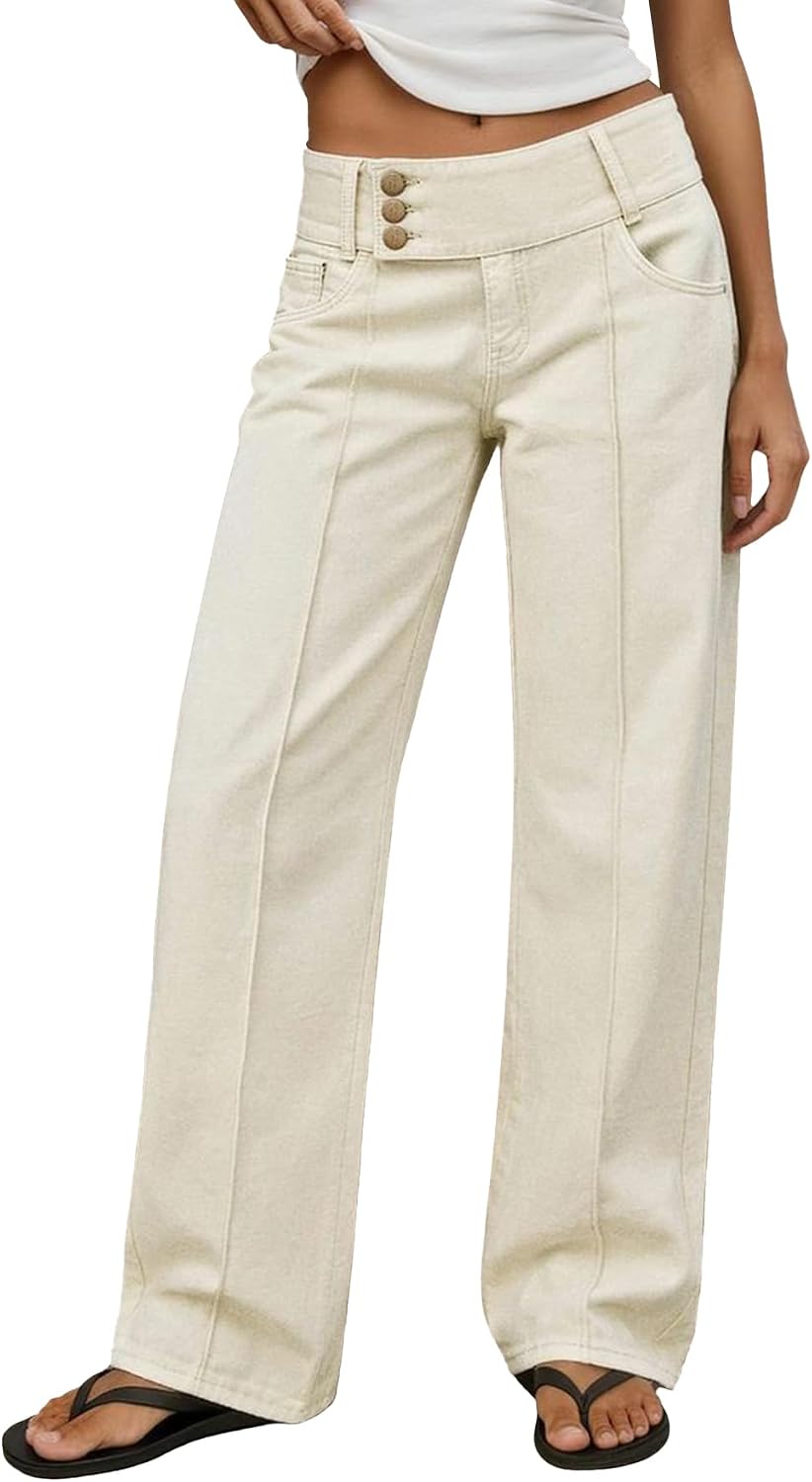 Flamingals Mid Waist Straight Leg Asymmetrical Button Fly Pants for Women