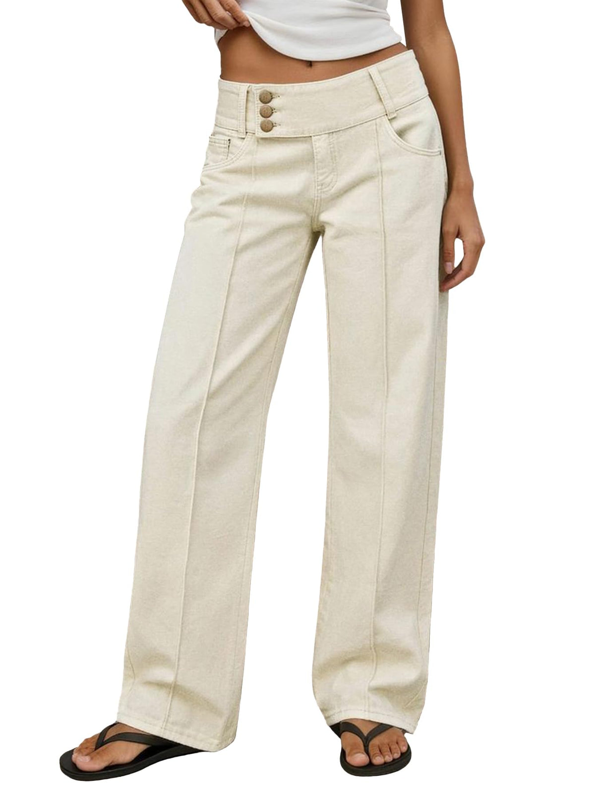 Flamingals Mid Waist Straight Leg Asymmetrical Button Fly Pants for Women