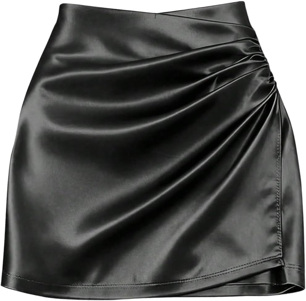 SHENHE Women' Satin Wrap Skirt Ruched Bodycon Dressy Silky Mini Skirt