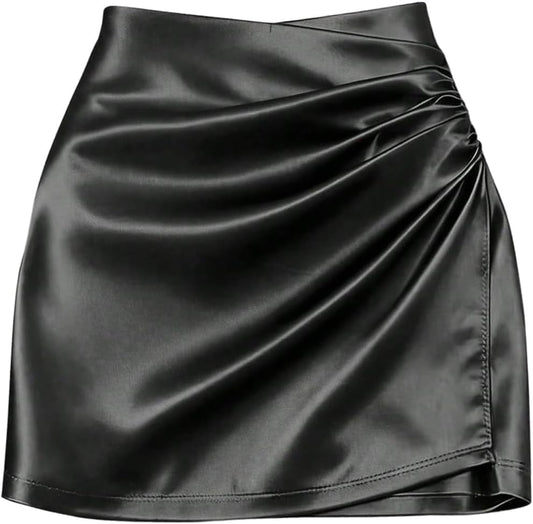 SHENHE Women' Satin Wrap Skirt Ruched Bodycon Dressy Silky Mini Skirt