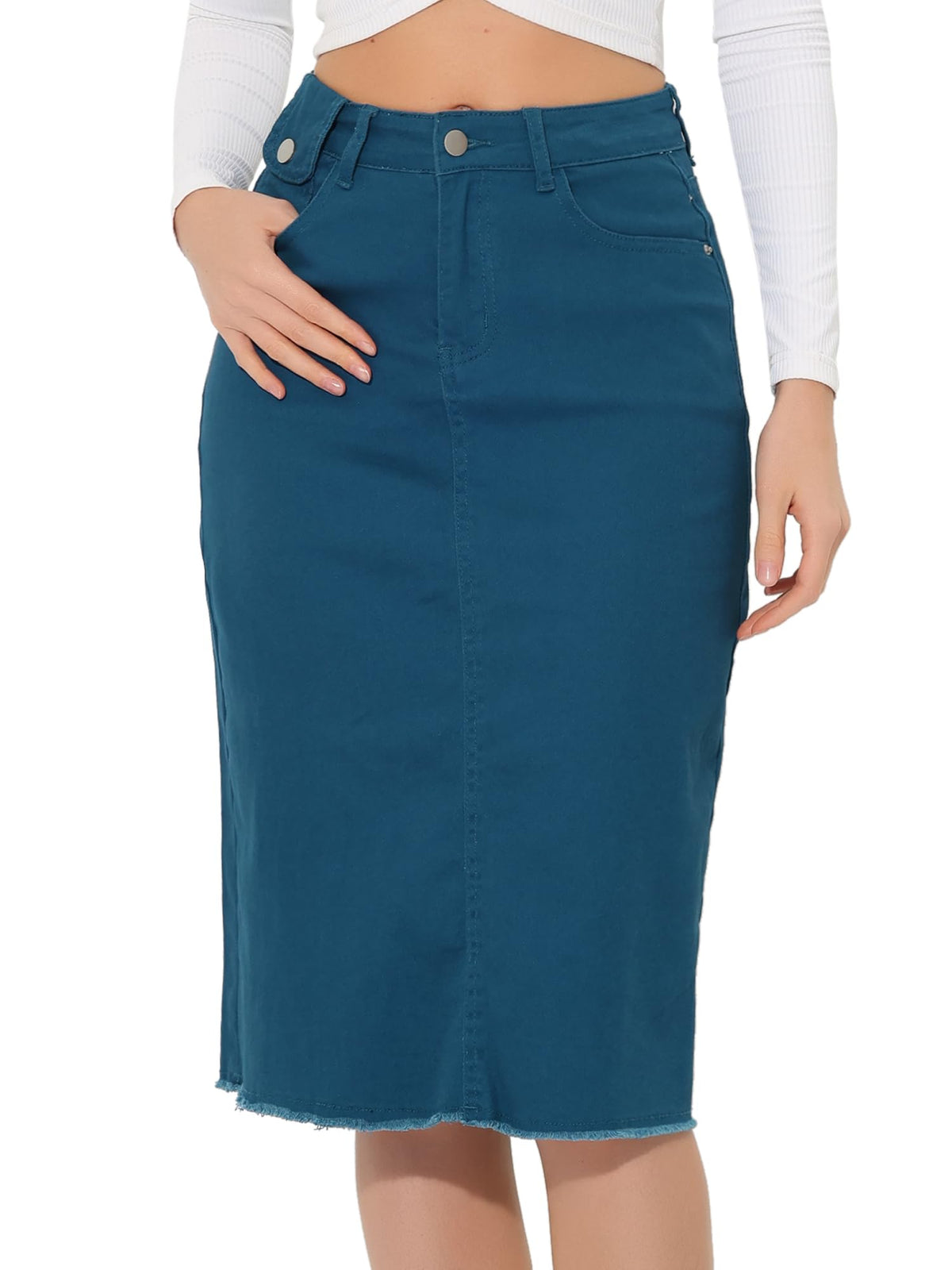 Allegra K Women's Casual Jean Skirt Raw Hem Stretch High Waist Denim Skirts