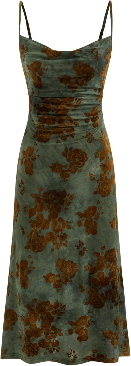 CIDER Womens Velvet Dress Floral Sleeveless Midi Wedding Guest Dresses