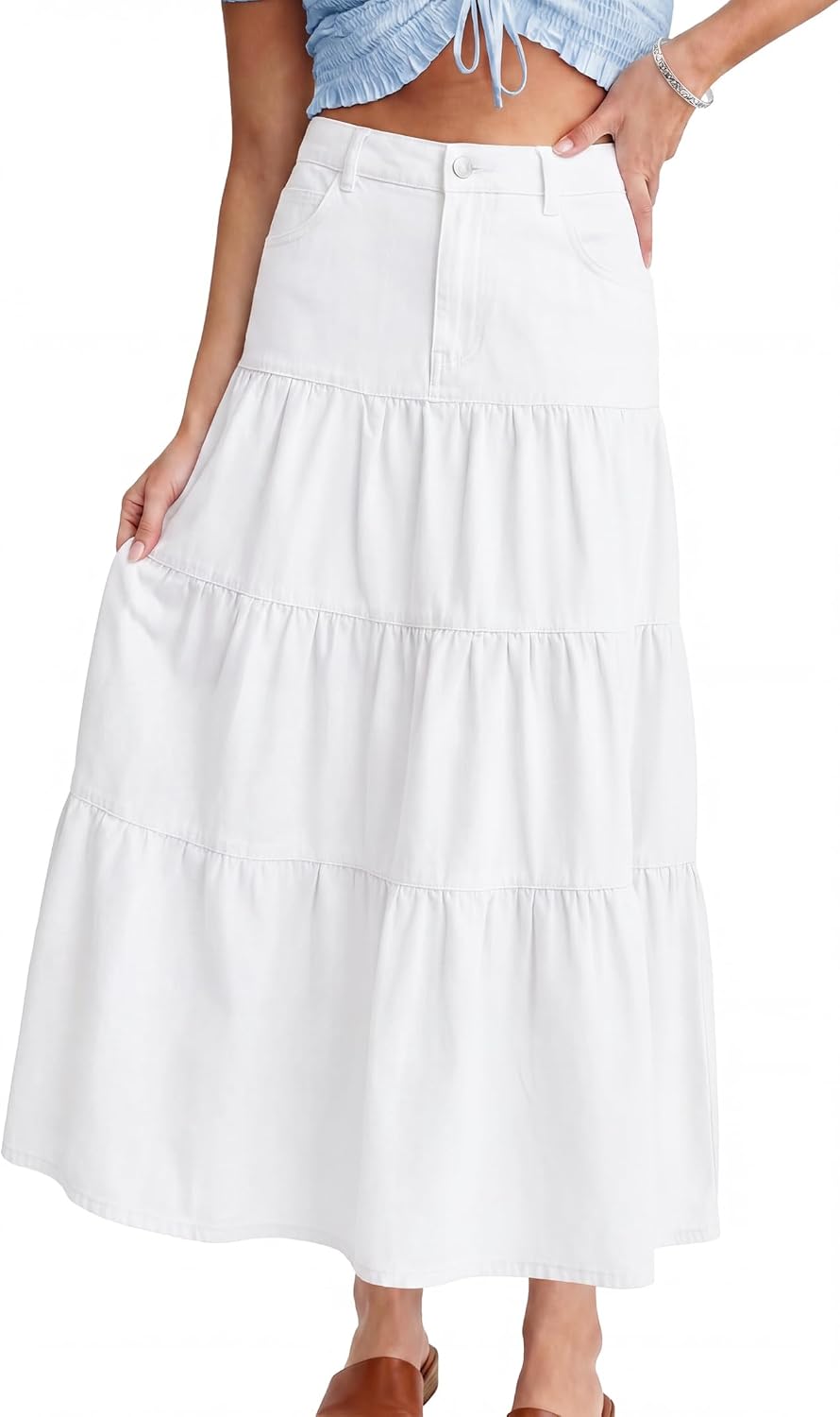 Womens Long Denim Skirt Tiered High Elastic Waist Jean Maxi Skirts