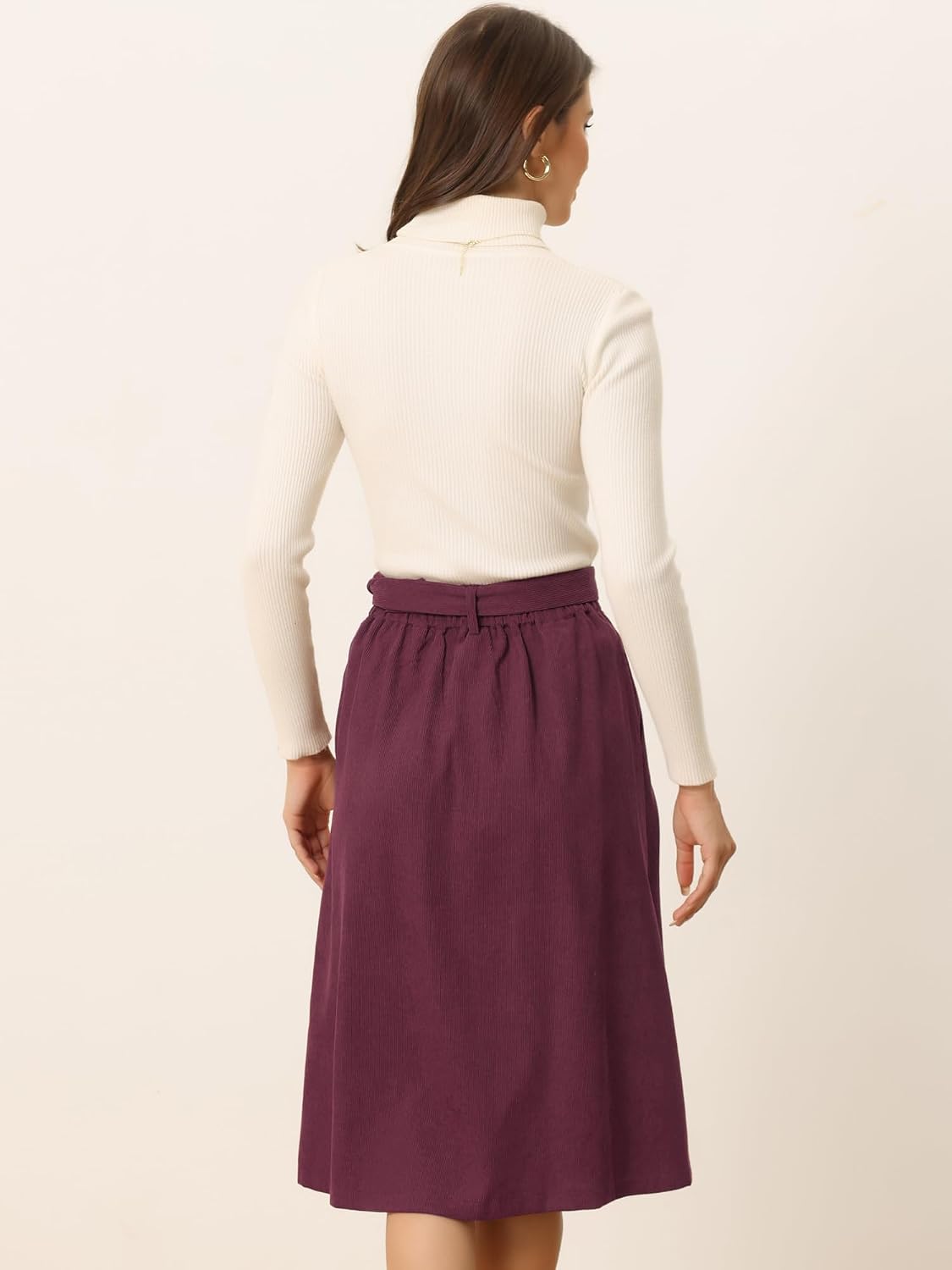Allegra K Women's Button Front High Waist A-Line Belted Corduroy Midi Skirt